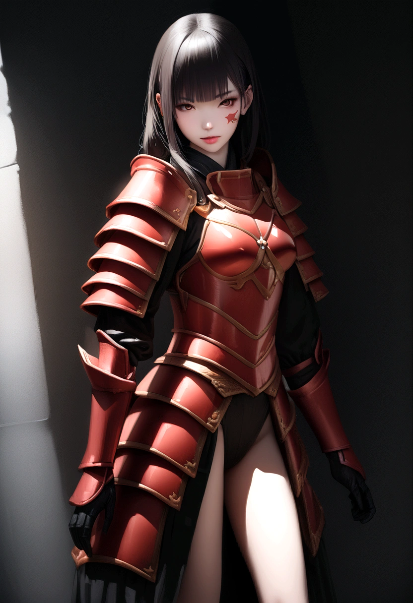 Highest quality、masterpiece、Ultra-high resolution、(Realism:1.4)、Raw photo、(Thin legs) (Perfect figure)、Dynamic Pose、1 girl、solo、Full samurai red armor、Face tattoos、darkness、Deep Shadow、Low Key、Cold light 12000K