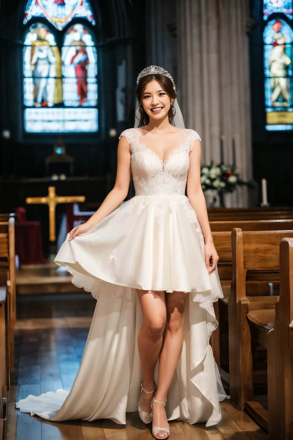 ((Tabletop:1.4, Highest quality)), (Realistic photos:1.4), 
((1 Girl)), (Super Beauty), (Princess),
(超High resolution:1.2), Very delicate and beautiful, wonderful, Very detailed CG Unity 8k 壁紙, Very detailed, High resolution, 
Soft Light, Beautiful detailed girl, Very detailed目と顔, Beautiful and detailed nose, Beautiful and detailed, 
(Wearing a wedding dress:1.3), 
Cinema Lighting, Perfect Anatomy, Slender body,Long legs , No decoration on the head。
(Inside the church:1.3), (ステンドグラスの光がInside the churchに当たっている), (Striking a seductive pose:1.3)
, Looking at the audience, smile,Full body photo,A little bit of her legs are showing through her wedding dress
