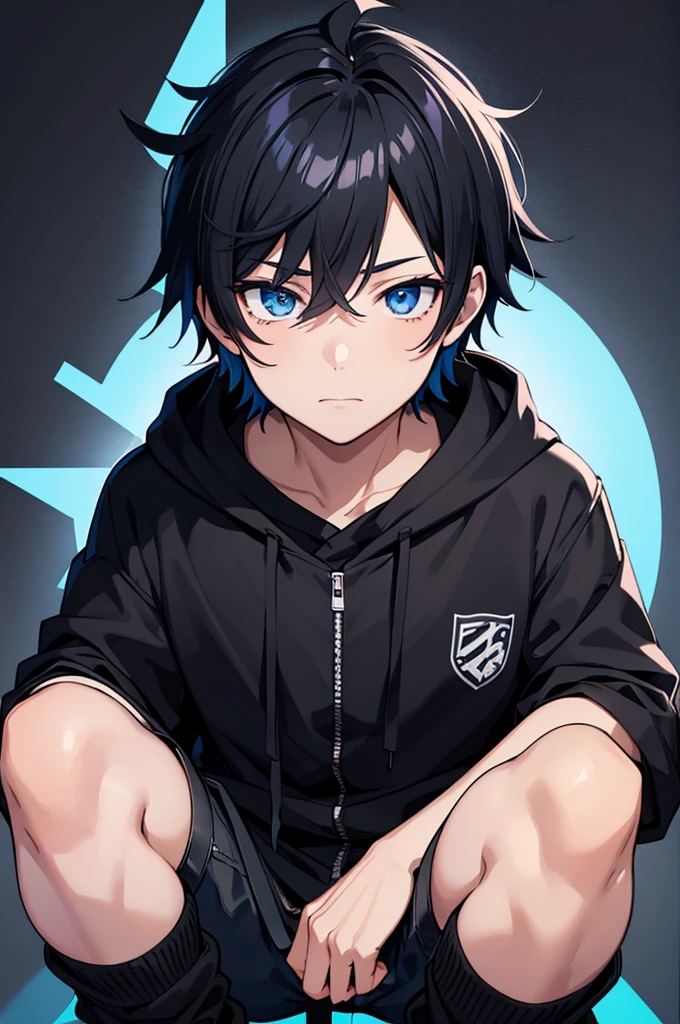 best quality, anime boy with black hair, black hood, blue and black gradient horns, black hood with blue stripe going around it, black pants with blue stripe