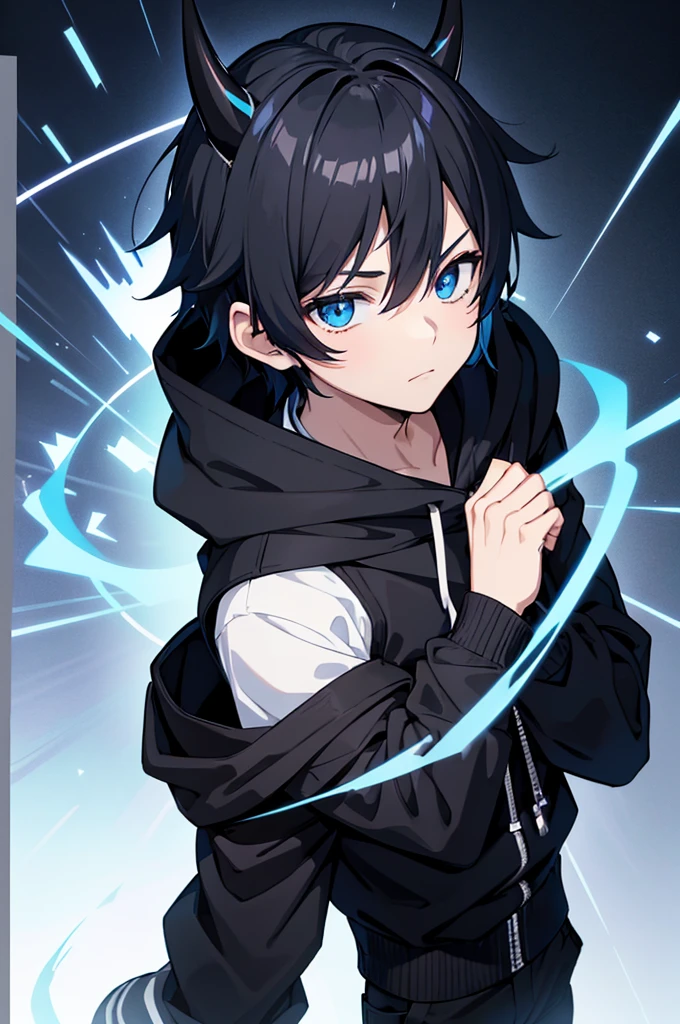 best quality, anime boy with black hair, black hood, blue and black gradient horns, black hood with blue stripe going around it, black pants with blue stripe