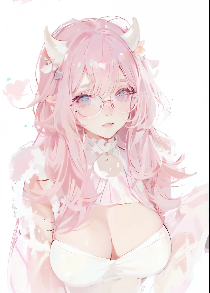 IMVU, pink hair, pink heart eyes, white round glasses, pale skin, white and pink cow ears, white horns with pink bows, fuzzy white jacket with pink spots, pink cowbell choker, kawaii, soft, high quality, masterpiece, 8k