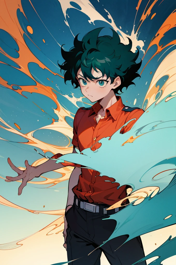 anime - style drawing of a man with blue hair and a red and white shirt, izuku midoriya, boku no hero academia style, kentaro miura manga art style, kentaro miura art style, trigger anime artstyle, high quality colored sketch, kentaro miura manga style, handsome guy, in my hero academia
