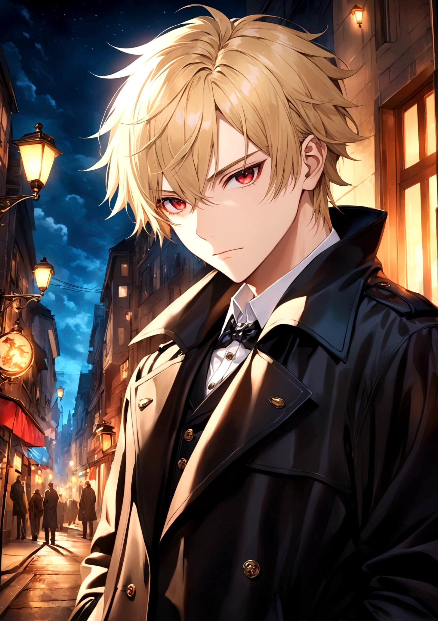 Hands in pockets,Exquisite facial features,blond，Red Eyes，Young male，Black trench coat，一个穿着Black trench coat的孤独身影，Leather texture，Glossy，Intricate details，Under the night sky，City Streets，Illuminated by street lights，Close-up of face，Thoughtful expression，profound gaze，Mysterious atmosphere，High-quality images，Artistic effects，HDR lighting。