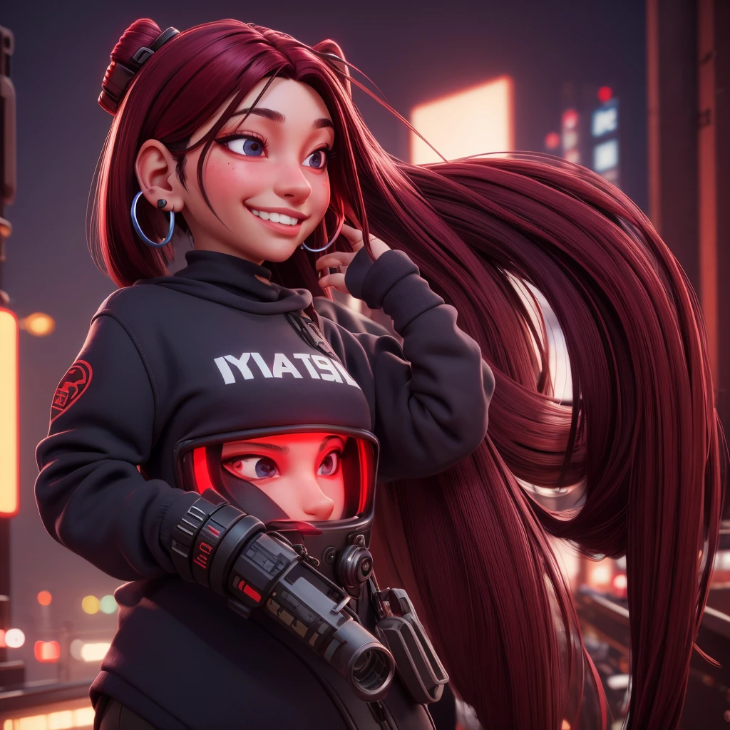 1 girl, beautiful, affected smile, wearing a hat, earrings, red camo sweatshirt, red_hose, wide, by the chestnut, mask, nose lips, standing, diaphragm, naval, earrings, (realist:1.5), cyberpunk, neon city, neon lights, 3D, cgi, Volumetric ray