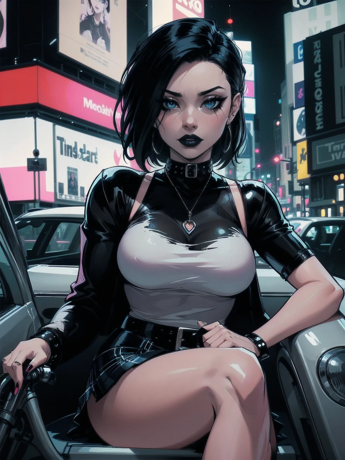 a woman with medium black hair, hair on shoulders, wearing plaid skirt, black jacket, blue eyes, gothic art, cute aesthetic with vibe, toon aesthetic, wearing gothic accessories, look like Cassie Hack, upper body, driving on the motocicle, tokio street background, dinamic poses