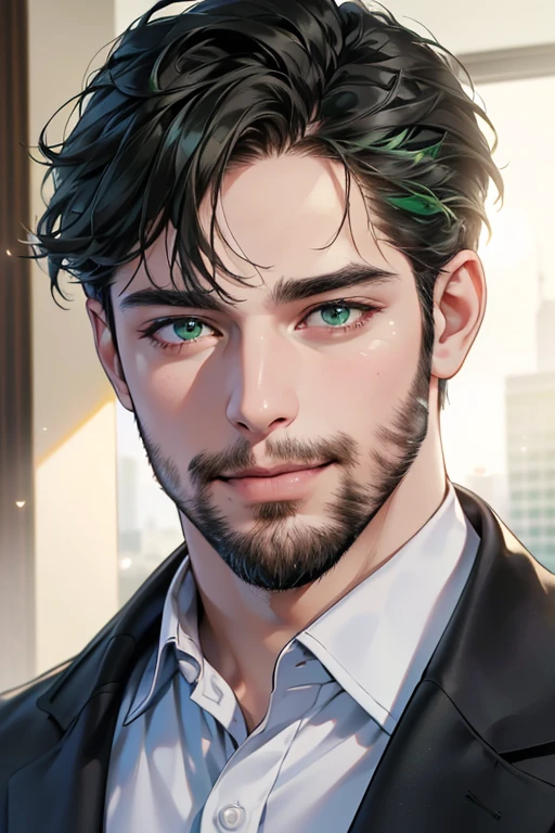 a handsome 35 year old man, 3 day beard, dark hair, sharp jawline, (mesmerizing green eyes), perfectly styled hair, wearing cool anime outfitt, dynamic lighting, (CEO), (expression, smile in love), (best quality,4k,8k,highres,masterpiece:1.2),ultra-detailed,(realistic,photorealistic,photo-realistic:1.37)