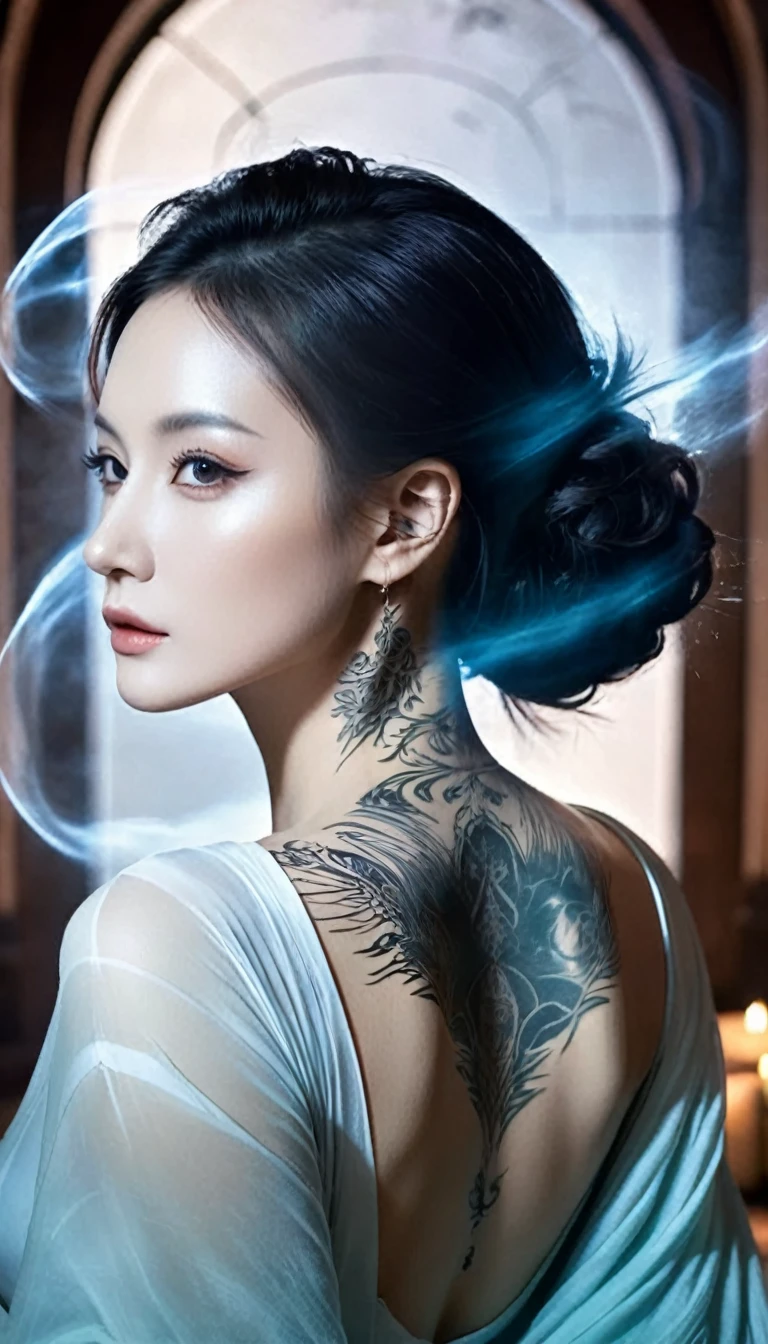 Double Exposure Style,Volumetric Lighting,a girl (Supermodel) with Wrap top,arching her back, beautiful tattoo, Traditional Attire,Artistic Calligraphy and Ink,light depth,dramatic atmospheric lighting,Volumetric Lighting,double image ghost effect,image combination,double exposure style,