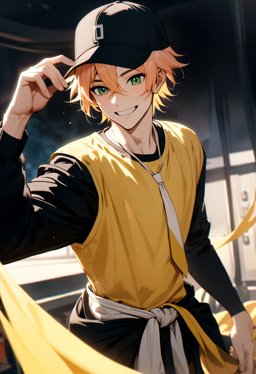 The boy had apricot hair, neck-length hair, green eyes, wearing a black baseball cap, yellow t-shirt, black long-sleeved shirt inside, and a white tie around his waist, smile