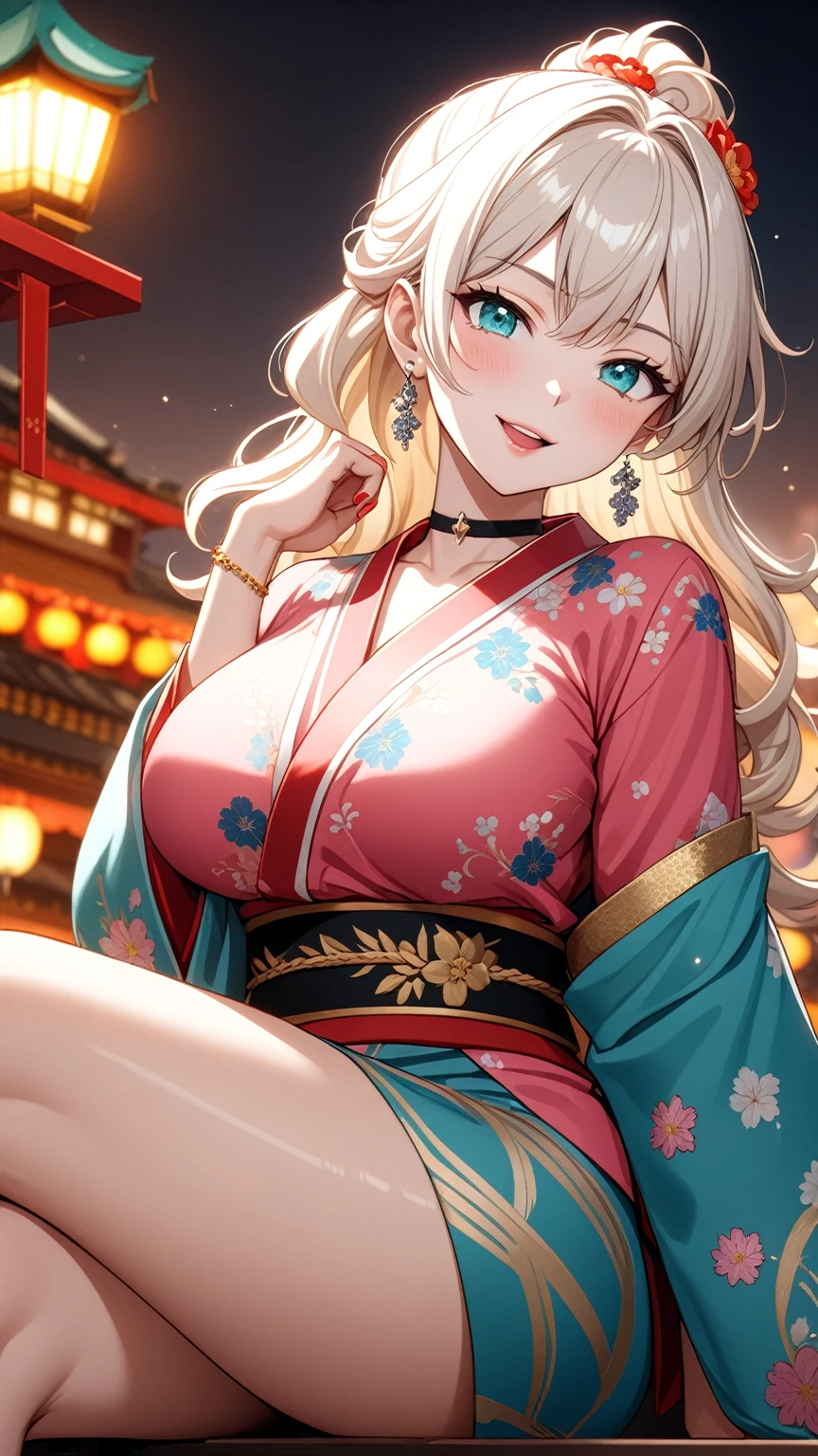 ((One personの女性)), Beautiful Face,(Laughing embarrassedly), (naughty face:1.2), (Wink:1.9), (head tilt:1.3), Laughing with your mouth open, upper teeth, ((Bright red cheeks:1.4)),Glossy pink lips, ((crossed legs:1.4)), (panty shot), looking down at viewer,Touching hair with hands,looking at viewer,Shining Face, rooftop, Festival decorations, firework, ((Anime style background)),masterpiece, Highest quality, so beautiful,up to date, Complex details, (Pink long nails),(ring),(bracelet),(choker),AI-generated, Complex,High resolution, Highest quality, super high quality,3D Images、3D Images,One person,Long blonde hair,ponytail, wavy hair ,Anime woman posing for a photo, ((Fine grain、Turquoise Eyes、Shining Eyes:1.3)), (Squint your eyes:1.1),a hyperRealistic , hyperRealistic , Realistic,Anime woman with long white hair, Smooth anime CG art, A woman in a colorful kimono with gold embroidery, (Pink long sleeve kimono),Red floral pattern,Long flower hair ornament,Earrings,Mature Body,(Big Breasts:1.1),Tall,Abdominal muscles,Tight waist,(Zoom up to face:1.1), (from side),