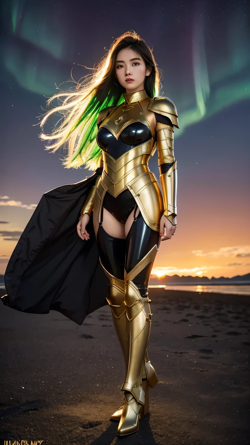 (best quality)), ((masterpiece)), (ultra detailed), ((full body shot)), indonesian girl, extremely beautiful, ultra face details, perfect eyes, 20 years old, light green curvy-hair, ((hair blown by strong winds :1.3)), Award-winning photograph, photography of a girl, slim face, extremely beautiful, ultra details armor, ultra details skin, sharp armor texture, crisp picture, ((full make ups)), ((pink blushing)), ((red lips)), ((wearing tight steel-armor)), ((full body armor)), ((tight latex panty)), ((thighs armor)), ((slim body shape)), (((24k-gold) and black armor)), no head cover, ((symmetrical body pose)), model posing in the middle, backlights, night at beach, full of stars, red clouds, nebula, ((aurora Borealis)), shooting stars, from below