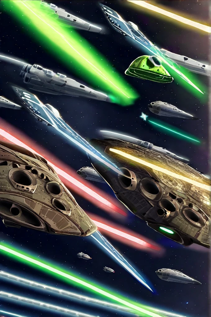 ((Лучшее качество)), ((шедевр)), (подробный), Star Wars: The Millennium Falcon flies through space through asteroids, being chased by four tie-fighters who fire green lasers.