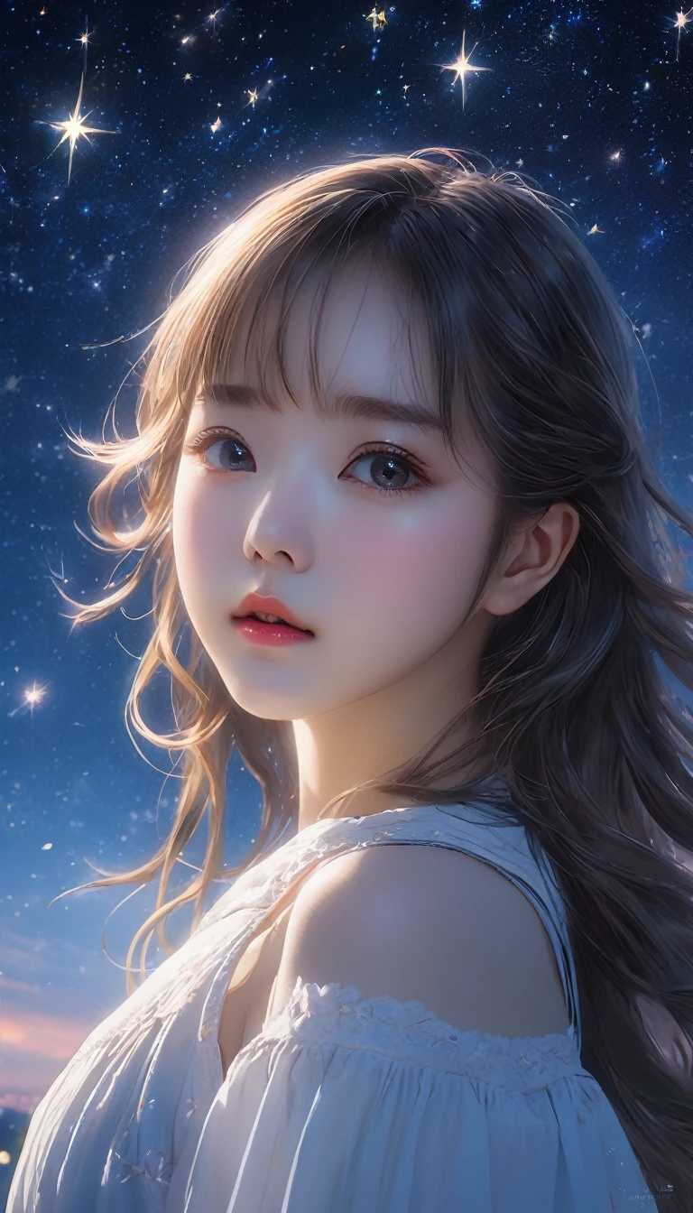 (8K、RAW Photos、Highest quality、look up:1.2、masterpiece:1.2、Genuineistic、Ultra-high resolution、High Contrast、Photon Mapping、Genuine、Very detailed、Official Art, RAW Photos、professional Lighting、 Light、Vivid atmosphere、twiceLight) title: 「Starry sky sounds」 explanation: この8KのRAW Photosは、Highest qualityでVery detailed背景に、It depicts a girl looking up at the night sky.。She is 15 years old、height: 150cm、色白の肌にLightブラウンのポニーテールをした日本のを着用しています。Her face is young々It'It's very moisturizing、She has a beautiful face and perfect proportions.、Longer, thinner legs。She is wearing a red bow tie and a stylish white lace blouse.、Checked skirt、I'Wearing black loafers。 The landscape spreads in the background、Beautiful stars in the night sky々And the nebula is shining。The sun goes down、At the foot of the mountains the sea spreads、Regional cities without skyscrapers are expanding.。She is sitting on the roof of a building、It depicts a girl lost in thought while looking at the stars.。The city seen from where you sit、The Lights of each house shine beautifully、The Light on the ground and the glow of the night sky create a beautiful contrast.。 This anime scene、A beautiful depiction of the girl's night view.、It expresses the moment when she finds the star of hope while looking at the stars.。