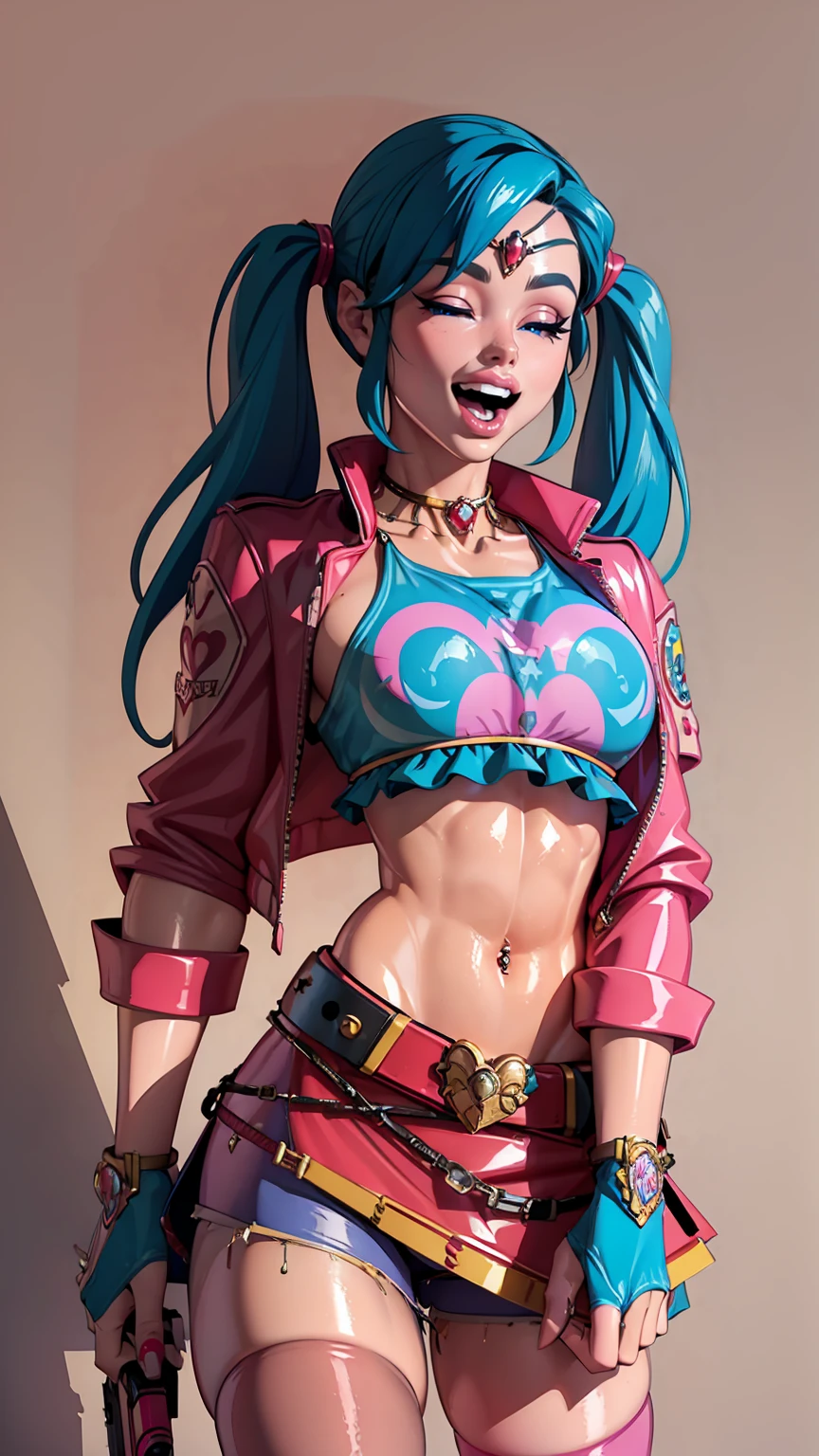 Harley Quinn, 1girl, solo, long hair, breasts, smile, open mouth, skirt, thighhighs, gloves, navel, holding, twintails, jewelry, blue hair, jacket, weapon, pink hair, heart, multicolored hair, one eye closed, shorts, midriff, belt, miniskirt, fingerless gloves, nail polish, crop top, gun, short shorts, makeup, piercing, lipstick, pale skin, red jacket, handgun, eyeshadow, revolver, heart tattoo, studded belt, shiny skin, specular highlights,
