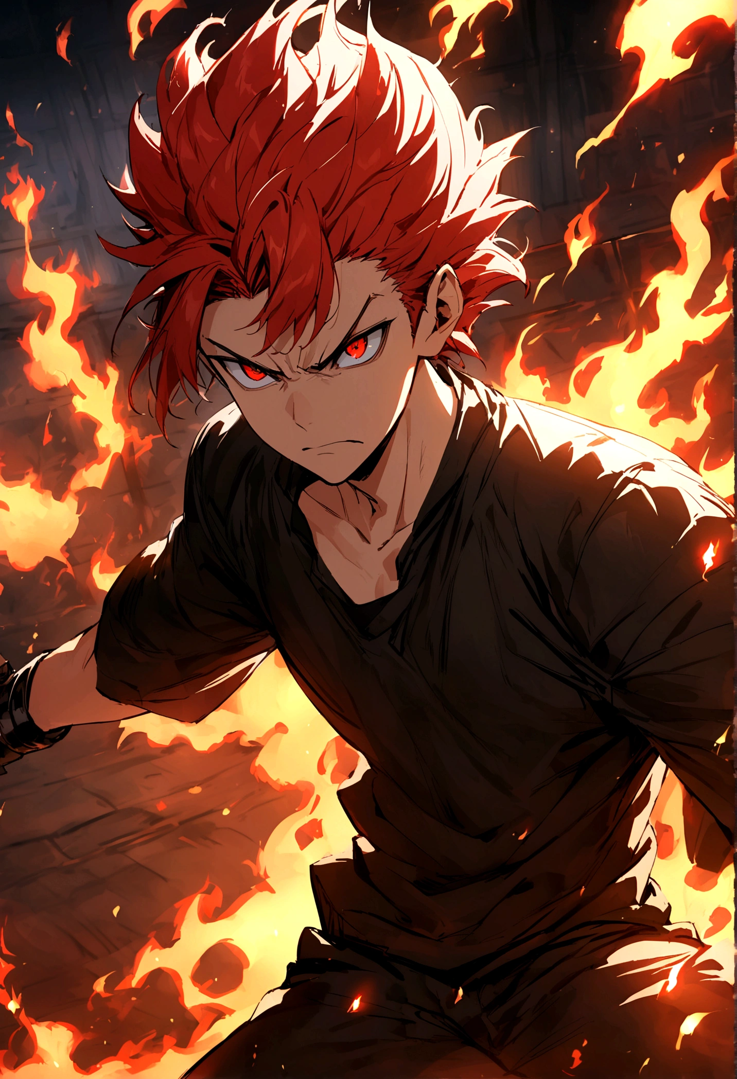 Teenage boy, hair spiked up, medium length hair, fiery red hair, serious face, Eyes red, loose black shirt, fire aura around the character, scene in an open-air fighting arena, lot of details