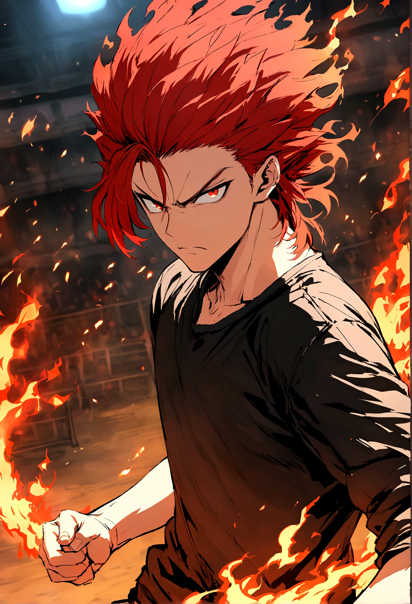 Teenage boy, hair spiked up, medium length hair, fiery red hair, serious face, Eyes red, loose black shirt, fire aura around the character, scene in an open-air fighting arena, lot of details