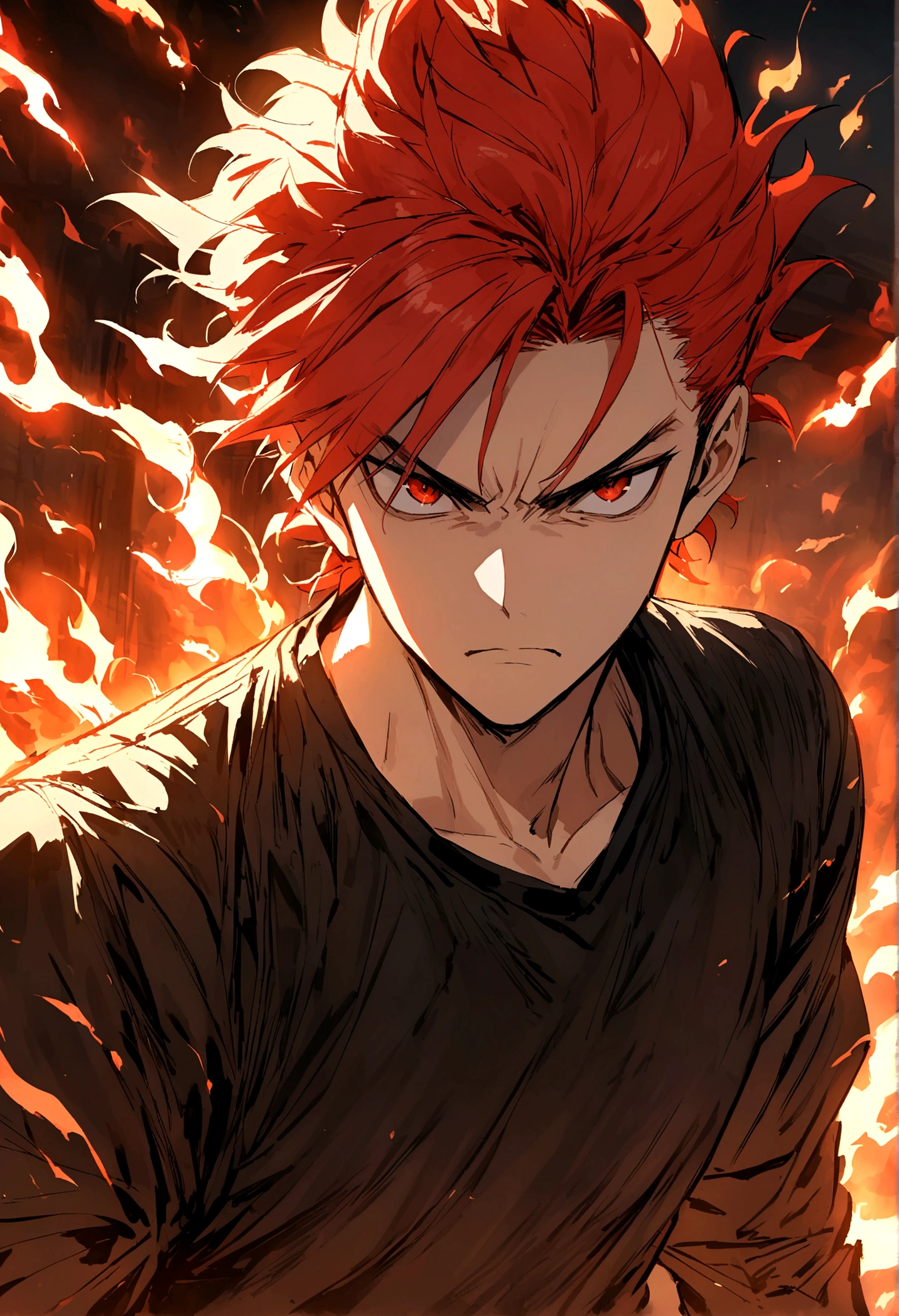 Teenage boy, hair spiked up, medium length hair, fiery red hair, serious face, Eyes red, loose black shirt, fire aura around the character, scene in an open-air fighting arena, lot of details