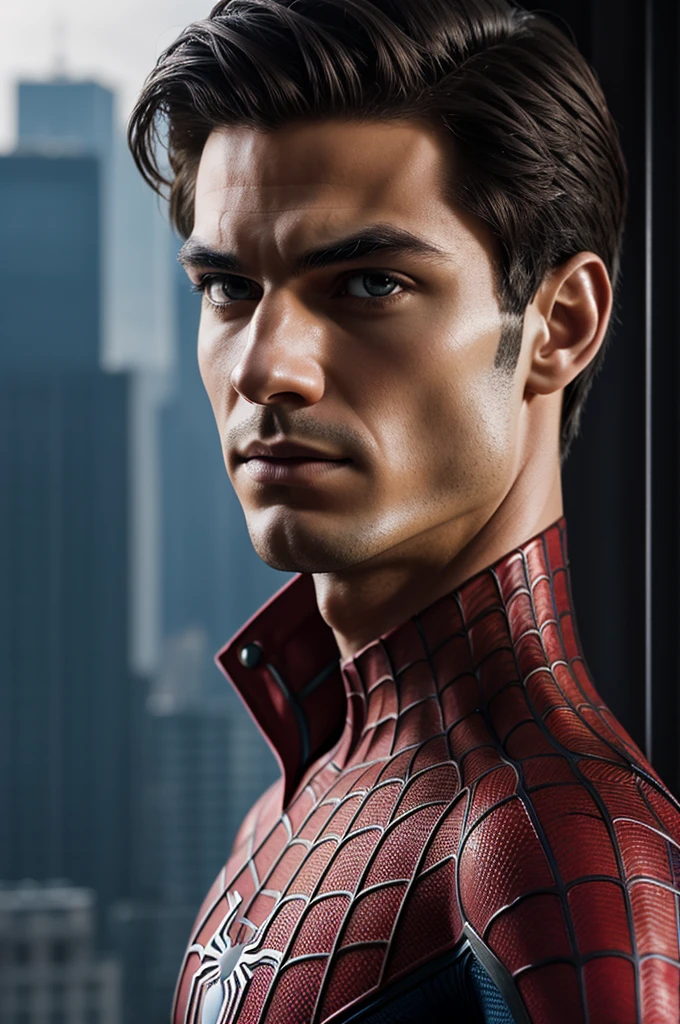 A photograph of Spider-Man., sin mascara, the 20s, elegant, detailed face, looking to the camera, portrait, 8k hd, high quality
