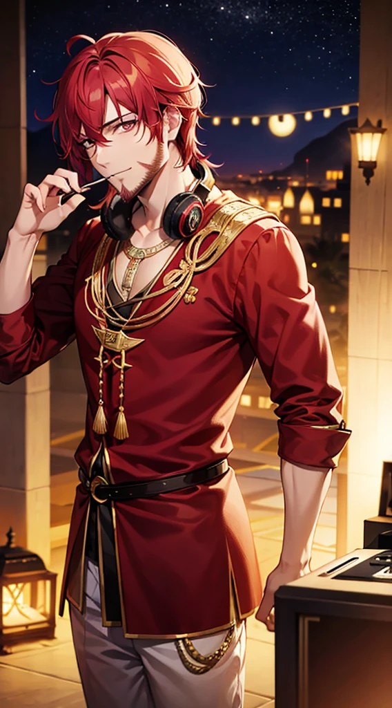 top-Quality, Arabian night, red hair, golden eyes, thin beard, smoking, young man, headphones around his neck, Arabian clothes, DJ