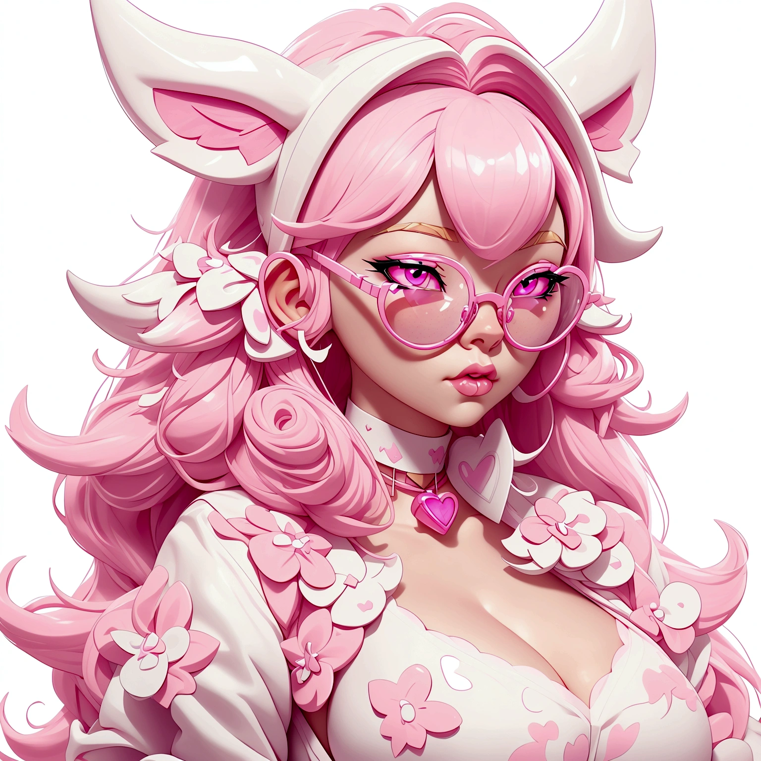 "IMVU, pink hair, pink heart eyes, white round glasses, pale skin, white and pink cow ears, white horns with pink bows, fuzzy white jacket with pink spots, pink cowbell choker, kawaii, soft, high quality, masterpiece, 8k, large breasts, showing cleavage