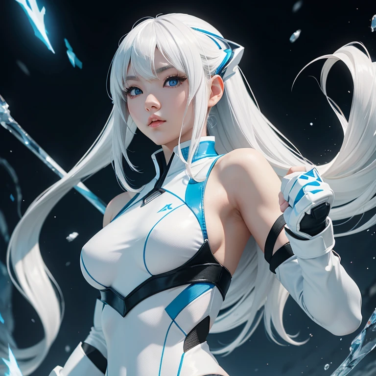 Korean girl, white long hair with bangs, icy blue eyes, white skin, white skimpy ninja suit, video game style, mortal kombat style