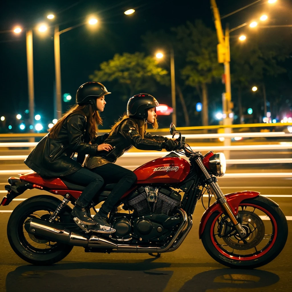 A girl on a motorcycle at night