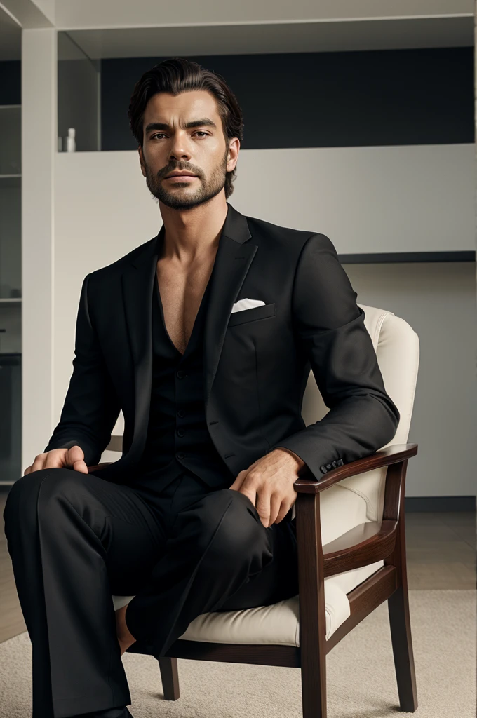 Creat a cinematic realistic image- a man wearing black suit, sitting on a chair