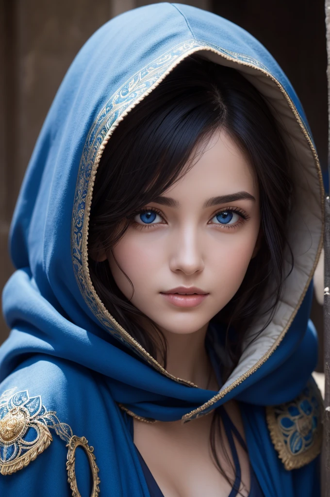 Beautiful woman with a Jewish face, hair covered with a blue cloak