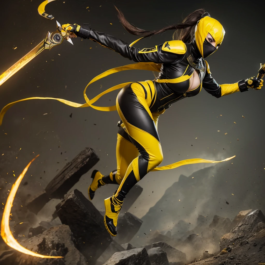 Mortal Kombat Woman Scorpion, wide, black and yellow suit, with kunai in hand, JUMPING