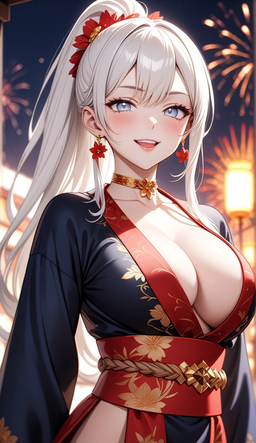 ((One personの女性)), Beautiful Face, (Laughing embarrassedly), (laugh:1.2),((Wink:1.9)), (head tilt:1.3), Laugh with your mouth wide open, upper teeth, looking down at viewer, ((Bright red cheeks:1.4)),Glossy Red Lips,rooftop, firework, Glossy red lips, Shining Face, ((Anime style background)),masterpiece, Highest quality, so beautiful,up to date, Complex details, (Pink long nails),(ring),(bracelet),(Floral choker),AI-generated, Complex,High resolution, Highest quality, super high quality,3D Images、3D Images,One person,Long white hair,High Ponytail, Anime woman posing for a photo,(blue eyes), ((Fine grain、Silvery white, lightly pigmented eyes、Shining Eyes:1.3)), (Squint your eyes:1.1),a hyperRealistic , hyperRealistic , Realistic,Anime woman with long white hair, Smooth anime CG art, A woman in a colorful kimono with gold embroidery, (Black long sleeve kimono),Red floral pattern,Long flower hair ornament,Earrings,Mature Body,(Big Breasts:1.1),Tall,Abdominal muscles,Tight waist,(Zoom up to face:1.3), (front view),