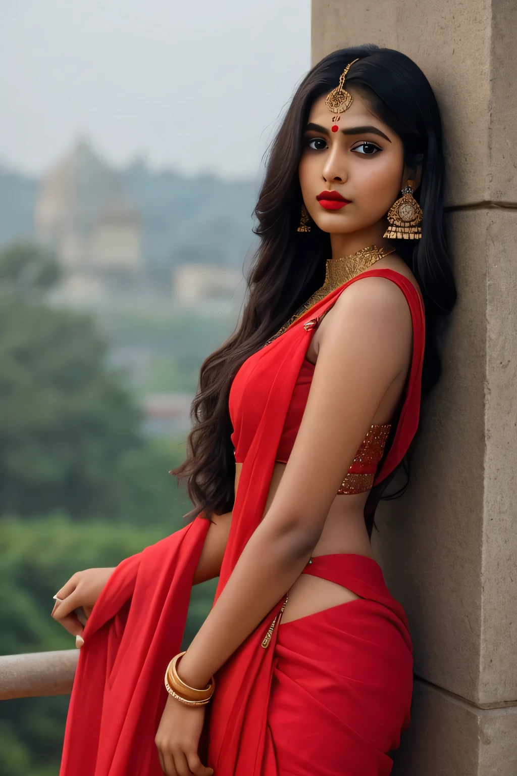 beautiful Indian girl,age 15, long earrings,red lips, attractive lips, attractive eye, long hair, hair colour black, dress sari,full body