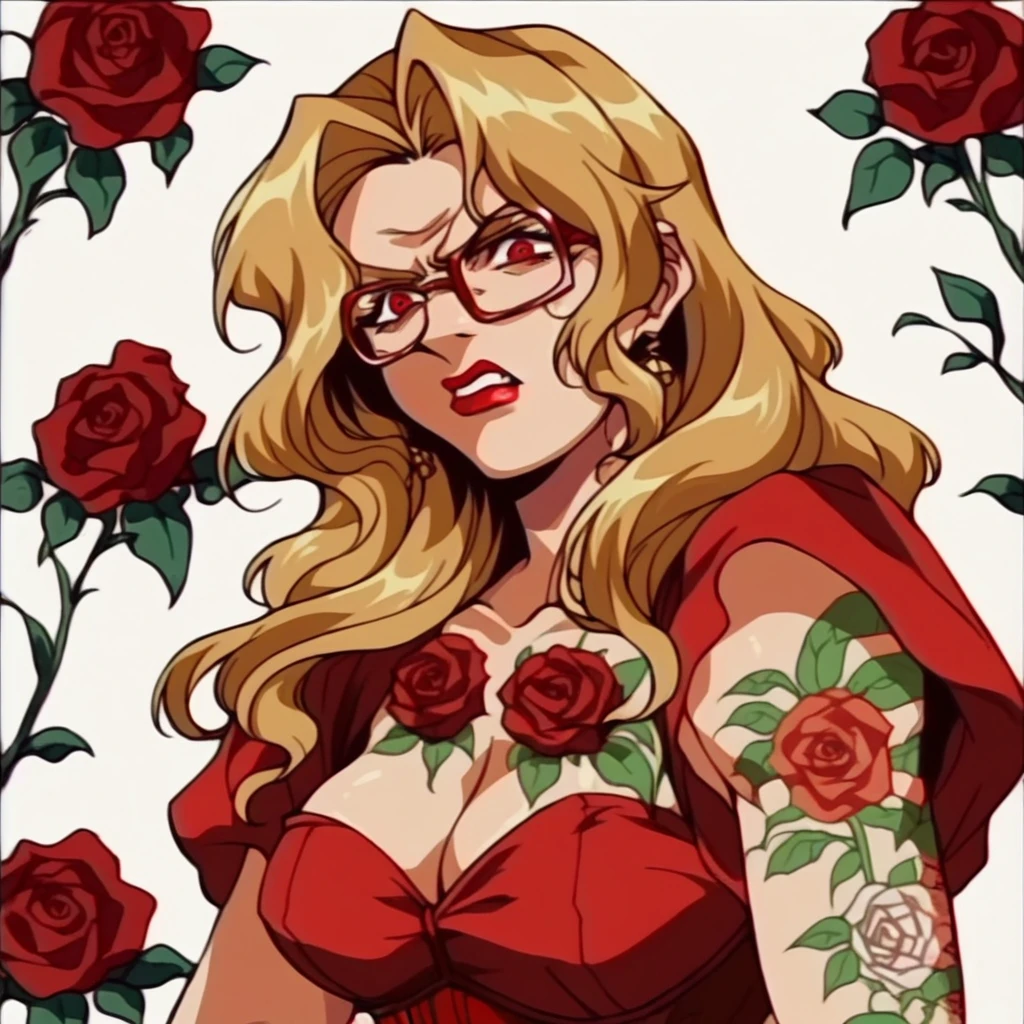 beautyful woman, blonde wavy hair, encorped body, red glasses, red lipstick, red cleavage dress, golden corset, whole body roses tattoos, milf, red eyes,, sensual, angry