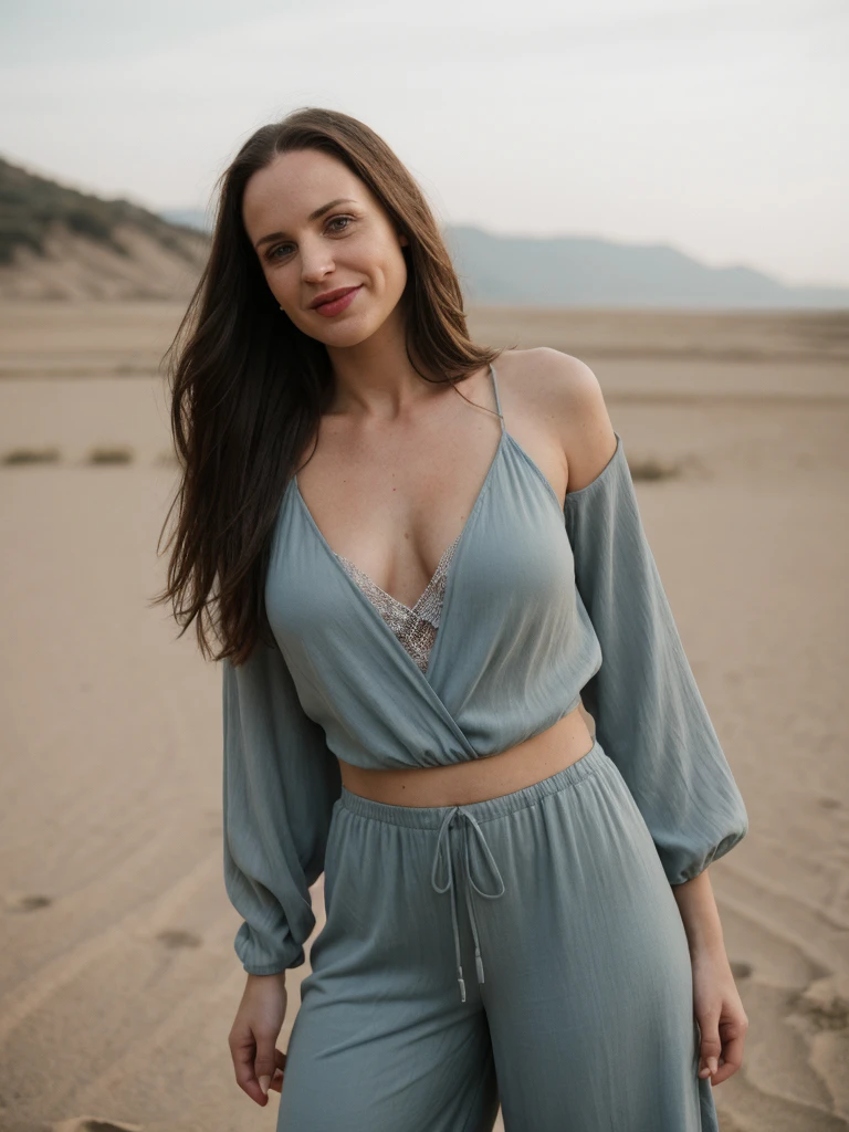 1girl, solo, photorealistic, realistic, long hair, ((ugly:1.5)), middle age, 35-year-old woman, wrinkles on her face and body, Caucasian woman, straight nose, dark brown hair, diamond face shape face, white skin, thin lips, monolid eyes, (medium shot, half body), shallow depth of field, vignette, highly detailed, high budget Hollywood movie, bokeh, cinemascope, moody, epic, gorgeous, film grain, grainy, realistic, depth of field, RAW photo, she is dressed in the color light blue (style of Abstract Expressionism Zimmermann lace jumpsuit. with Harem pants: Baggy, low-crotch pants with a relaxed and comfortable fit.) with Windswept Plateau in the background, (((dynamic pose))), she is looking at the camera smiling
