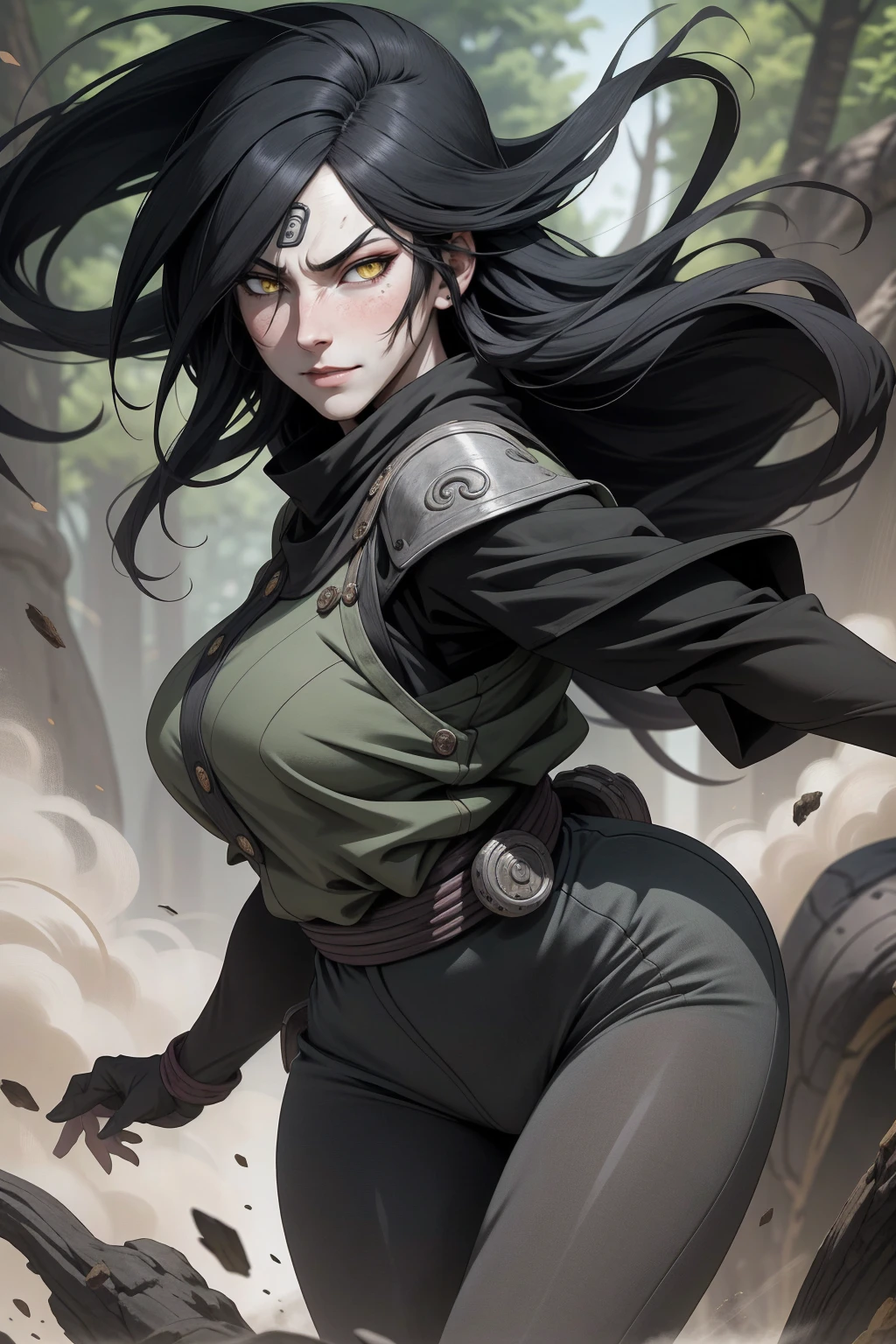 {-erro_de_anatomia:1.0} estilo anime, Masterpiece, absurdities, Orochimaru\(Naruto\), 1girl Solo, Mature woman, Oversized shirt with broad shoulders, Perfect composition, Detailed lips, large breasts, Beautiful face, body proportion, Blush, Long black hair, ( black hair), yellow eyes, (sexy), Soft gauze, Super realistic, Detailed, photo shoot, Realistic faces and bodies, masterpiece, best quality, best illustration, hyper detailed, 1 girl, solo, glamorous, blushing, whole body, fighting, on nature, backwards, looking back, dimanic poses