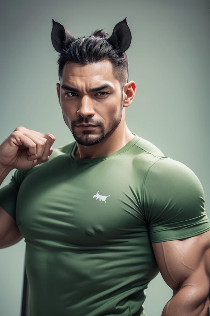 create a rhino posing with gray biceps with a green shirt