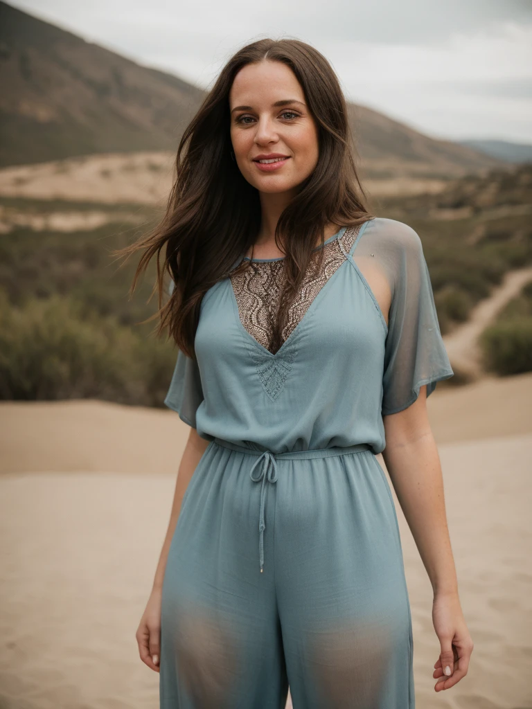 1girl, solo, photorealistic, realistic, long hair, ((ugly:1.5)), middle age, 35-year-old woman, wrinkles on her face and body, Caucasian woman, straight nose, dark brown hair, diamond face shape face, white skin, thin lips, monolid eyes, (medium shot, half body), shallow depth of field, vignette, highly detailed, high budget Hollywood movie, bokeh, cinemascope, moody, epic, gorgeous, film grain, grainy, realistic, depth of field, RAW photo, she is dressed in the color light blue (style of Abstract Expressionism Zimmermann lace jumpsuit. with Harem pants: Baggy, low-crotch pants with a relaxed and comfortable fit.) with Windswept Plateau in the background, (((dynamic pose))), she is looking at the camera smiling