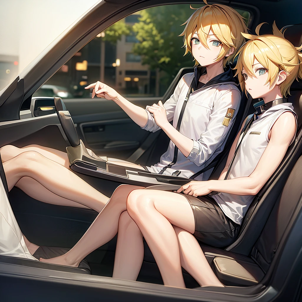 make an anime style drawing with the vocaloid Kagamine Len male version driving behind the wheel, frontal shot showing the driver and the empty passenger seat 