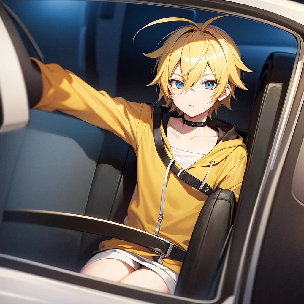 make an anime style drawing with the vocaloid Kagamine Len male version driving behind the wheel, frontal shot showing the driver and the empty passenger seat 