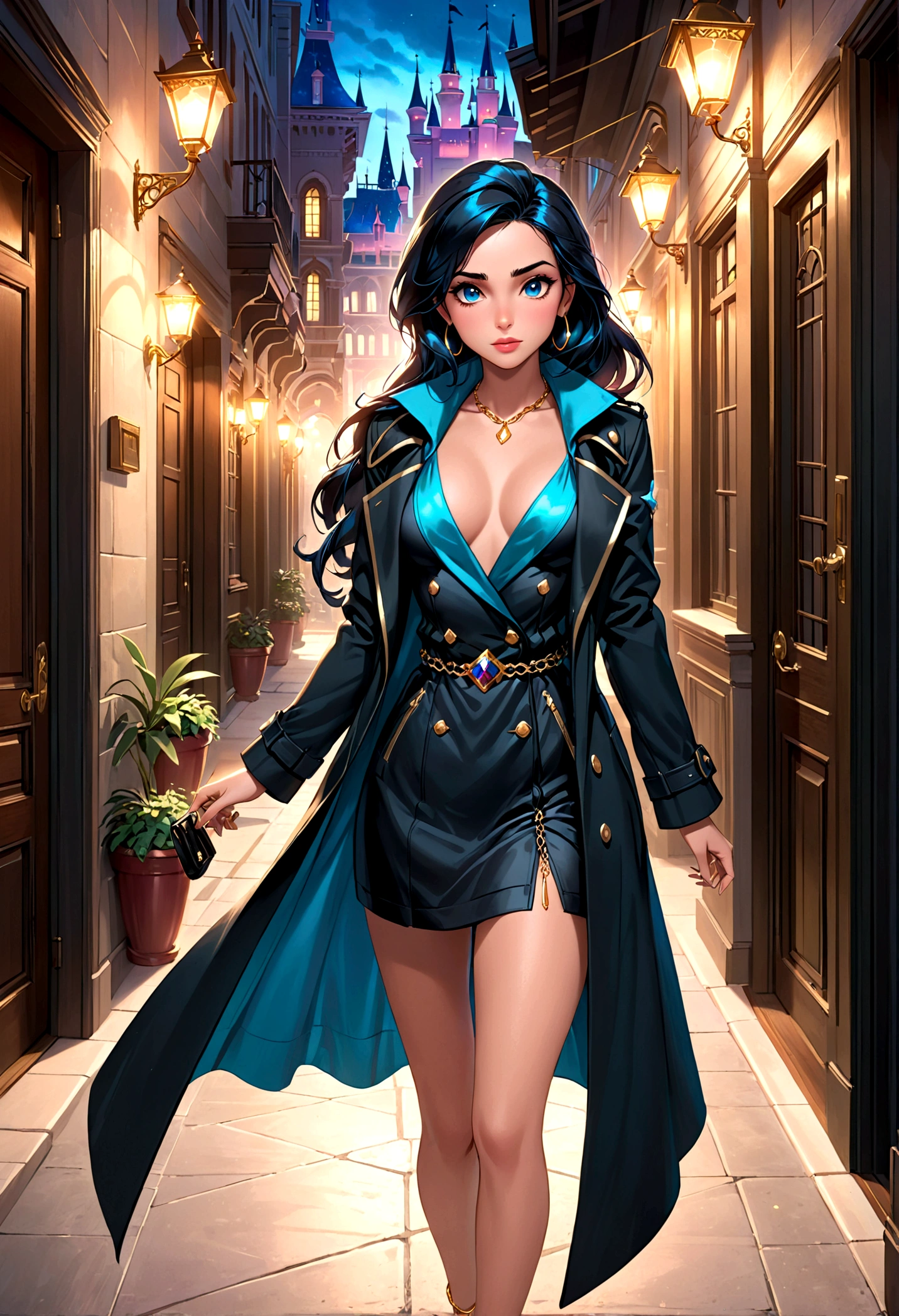 (1girl, disney princess jasmine, black trenchcoat, royal miniskirt, royal haltertop, gold bodychains, sneaking out, princess girls night out, princess ariel's downtown apartment, elegant, beautiful detailed eyes, beautiful detailed lips, extremely detailed eyes and face, long eyelashes, high quality, 8k, photorealistic, professional, vivid colors, studio lighting, physically-based rendering, sharp focus)