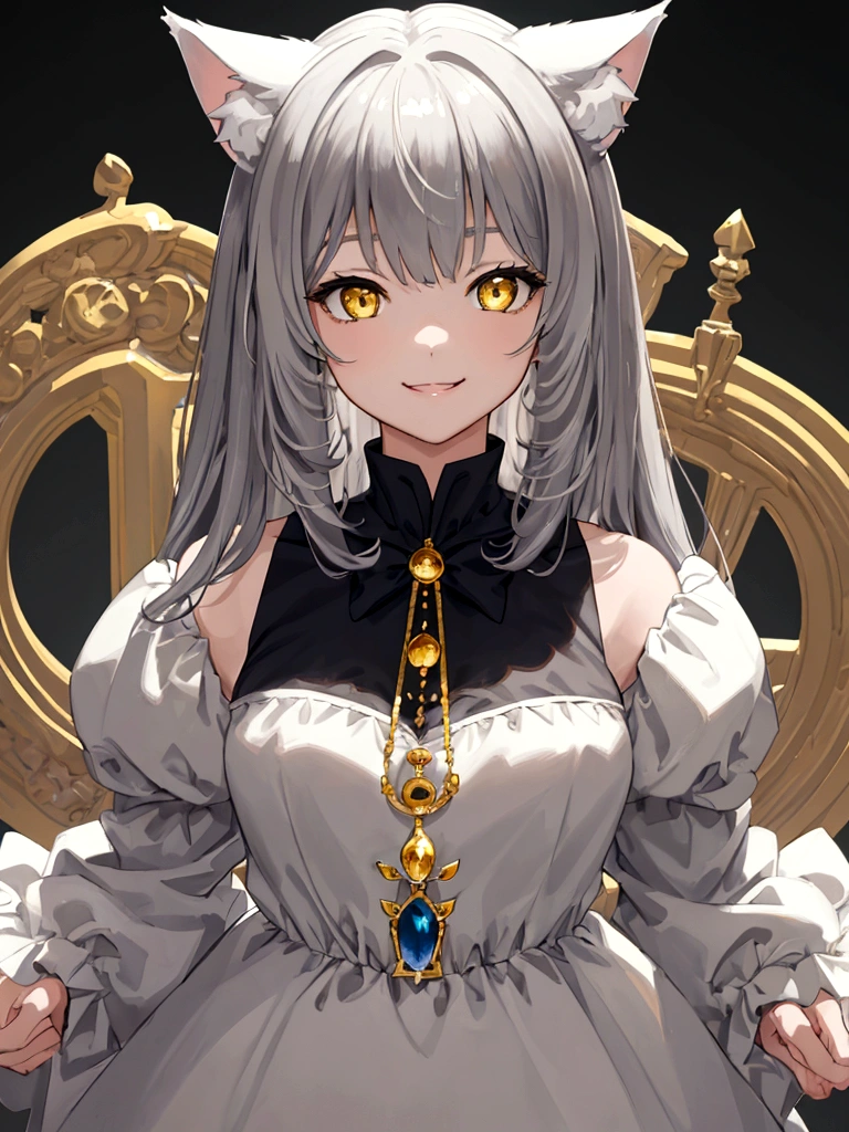 ((masterpiece)), ((best quality)), (from front), (close-up:1.3), (half-body shot:1.36), perfect anatomy, 1girl, solo, cat girl, gray hair, yellow eyes, gray cat ears, gray fluffy cat tail, short-sleeved white dress, standing straight, smiling, lighting from front, looking at viewers