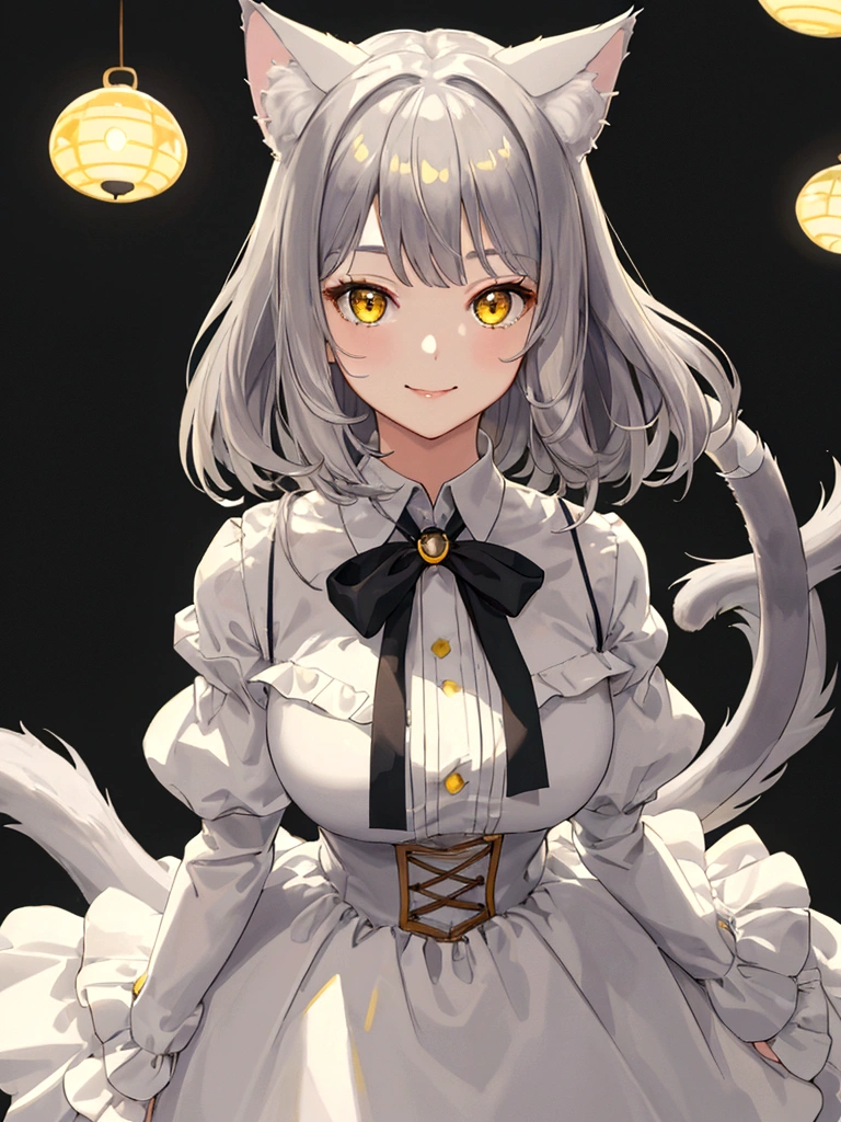 ((masterpiece)), ((best quality)), (from front), (close-up:1.3), (half-body shot:1.36), perfect anatomy, 1girl, solo, cat girl, gray hair, yellow eyes, gray cat ears, gray fluffy cat tail, short-sleeved white dress, standing straight, smiling, lighting from front, looking at viewers