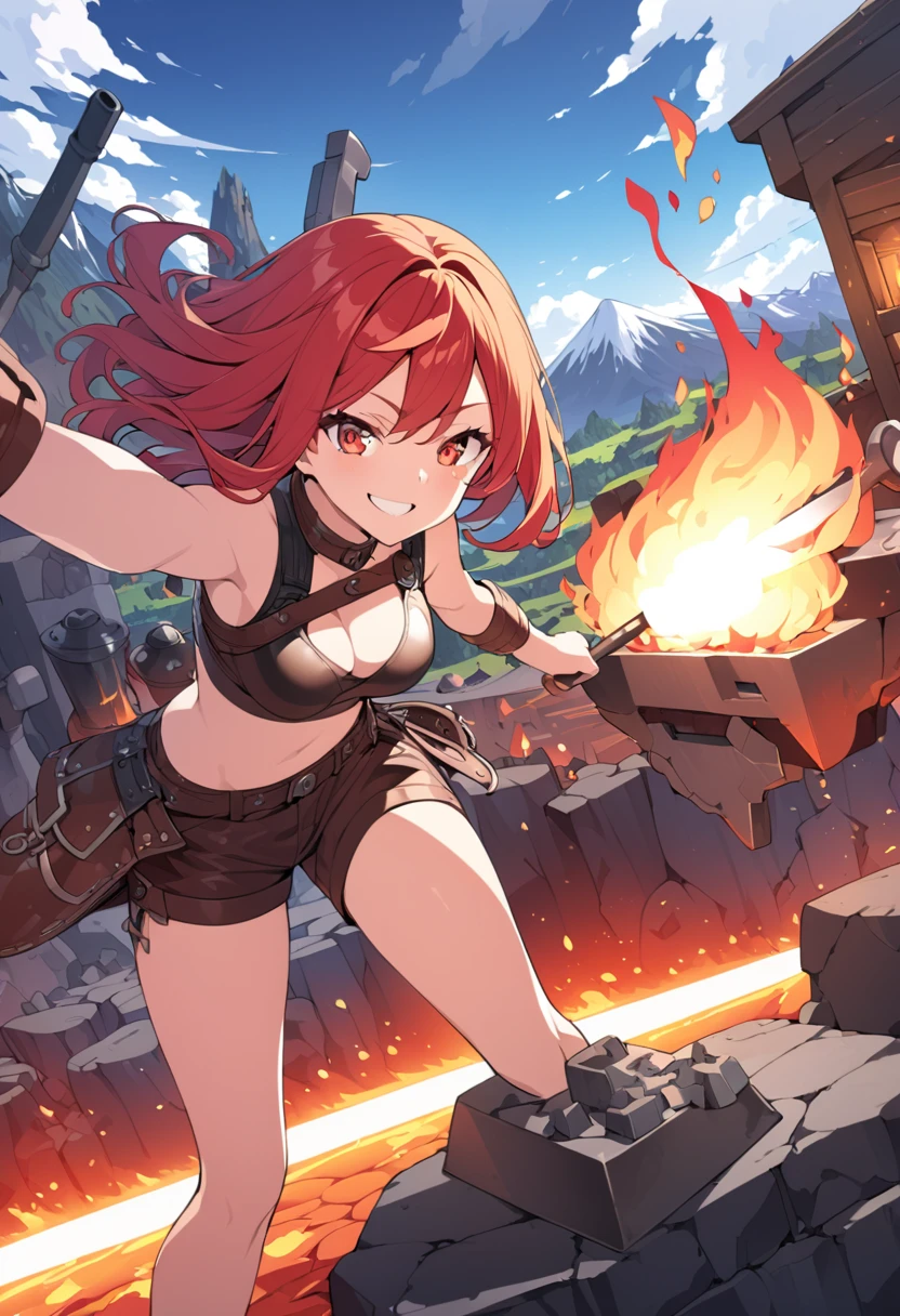 detailed illustration, dynamic angle, ultra-detailed, illustration, 1girl, fire red hair, red orange hair, smith hammer, anvil, lava, mountain, forge, smiling, red eyes, firey eyes, leather clothes, , medium breasts, crop top, shorts