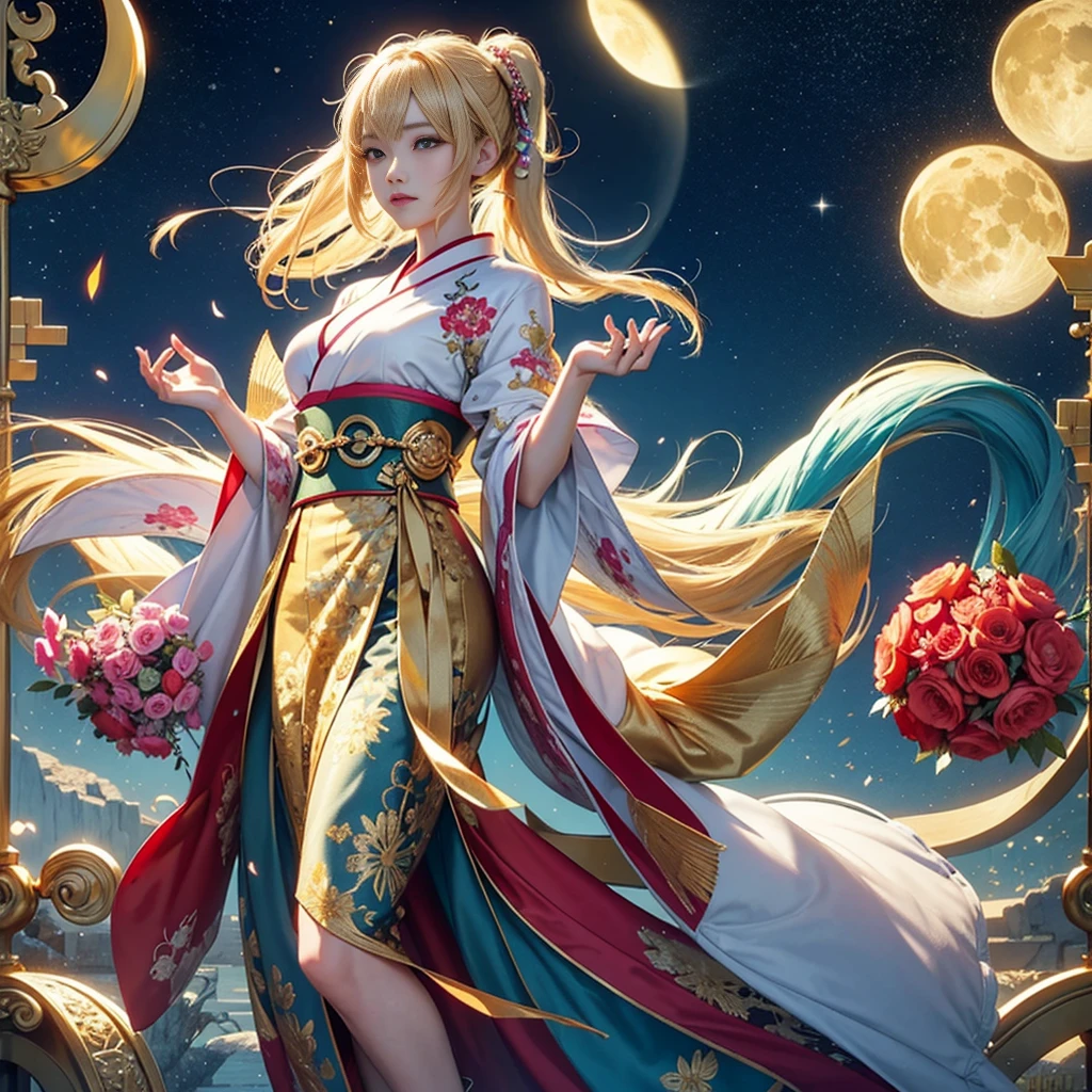 Try to give your audience a bouquet、
watching at viewers、for the background(ancient city:1.2)And the moon、((dense background))、poneyTail、Woman、perfect hand、BREAK {{{Luxury kimono(Colorful kimono(Detailed golden embroidery,))}}}、face perfect,Depict a beautiful and graceful woman of Japan。poneyTail、Heart in the eye。full body Esbian。 Wallpaper 8K, .Blur the background with a sickle,((masutepiece)), ((Best Quality)),photorealistic, Hatsune Miku,