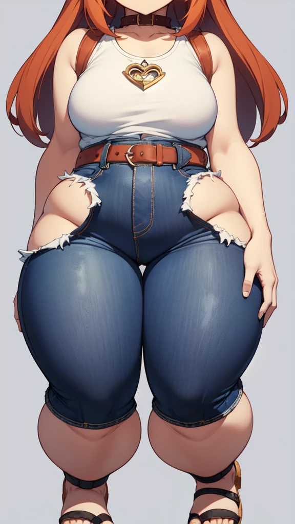blank background, (((full body))), (masterpiece), ((best quality)), (very short girl), ((flat chest)), hair over one eye, (wide hips:1.4), ((thick thighs:1.4)), (blue jeans), sandals, belt below navel, fanny packs, ginger hair, from behind