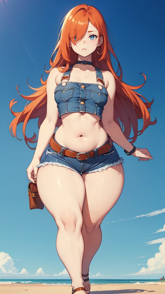 blank background, (((full body))), (masterpiece), ((best quality)), (very short girl), ((flat chest)), hair over one eye, (wide hips:1.4), ((thick thighs:1.4)), (blue jeans), sandals, belt below navel, fanny packs, ginger hair, from behind