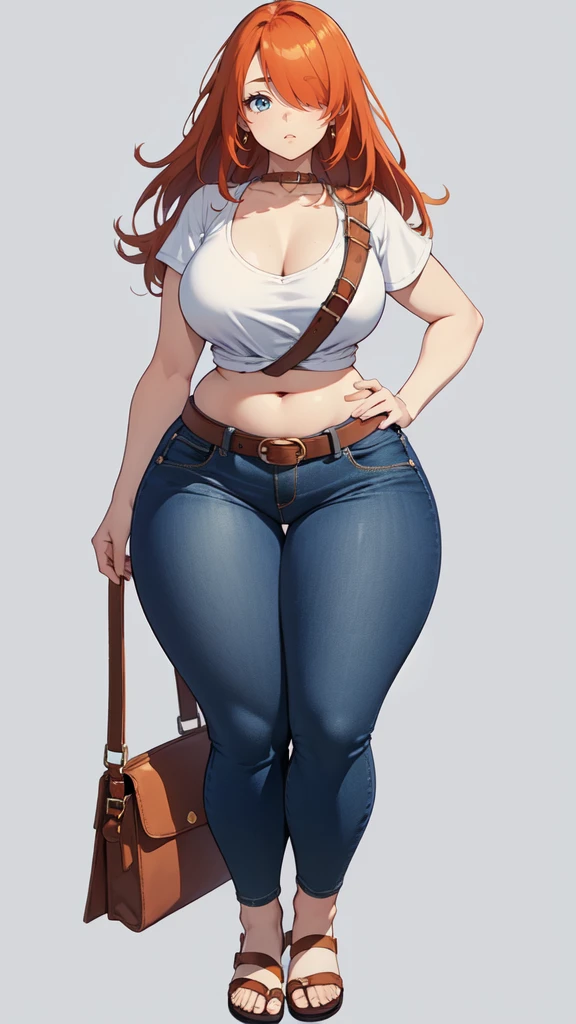 blank background, (((full body))), (masterpiece), ((best quality)), (very short girl), ((flat chest)), hair over one eye, (wide hips:1.4), ((thick thighs:1.4)), (blue jeans), sandals, belt below navel, fanny packs, ginger hair, from behind