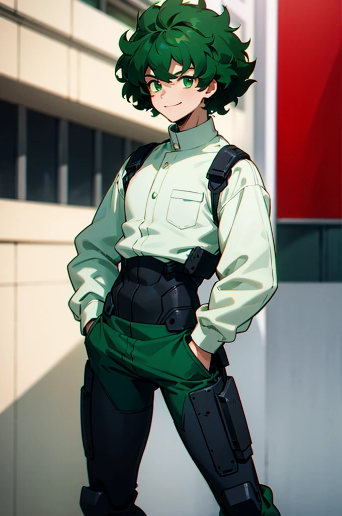 dark green hair, green eyes, smiling, curly hair, mature male, lean build, white shirt, short length hair, on the street, arms in pockets, red and black hero suit
