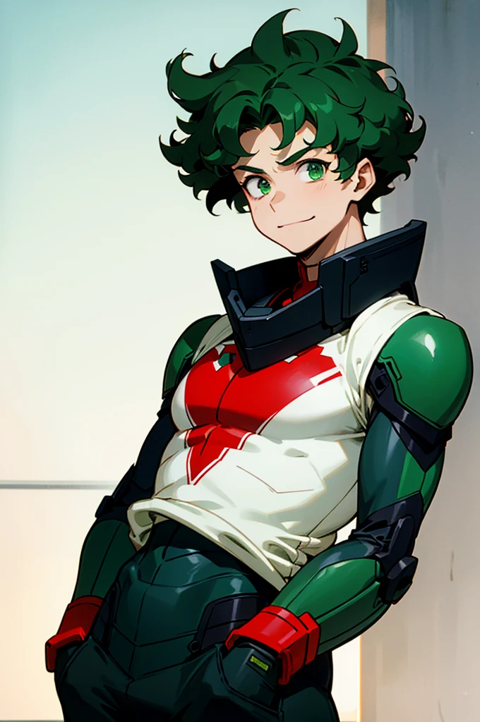 dark green hair, green eyes, smiling, curly hair, mature male, lean build, white shirt, short length hair, on the street, arms in pockets, red and black hero suit
