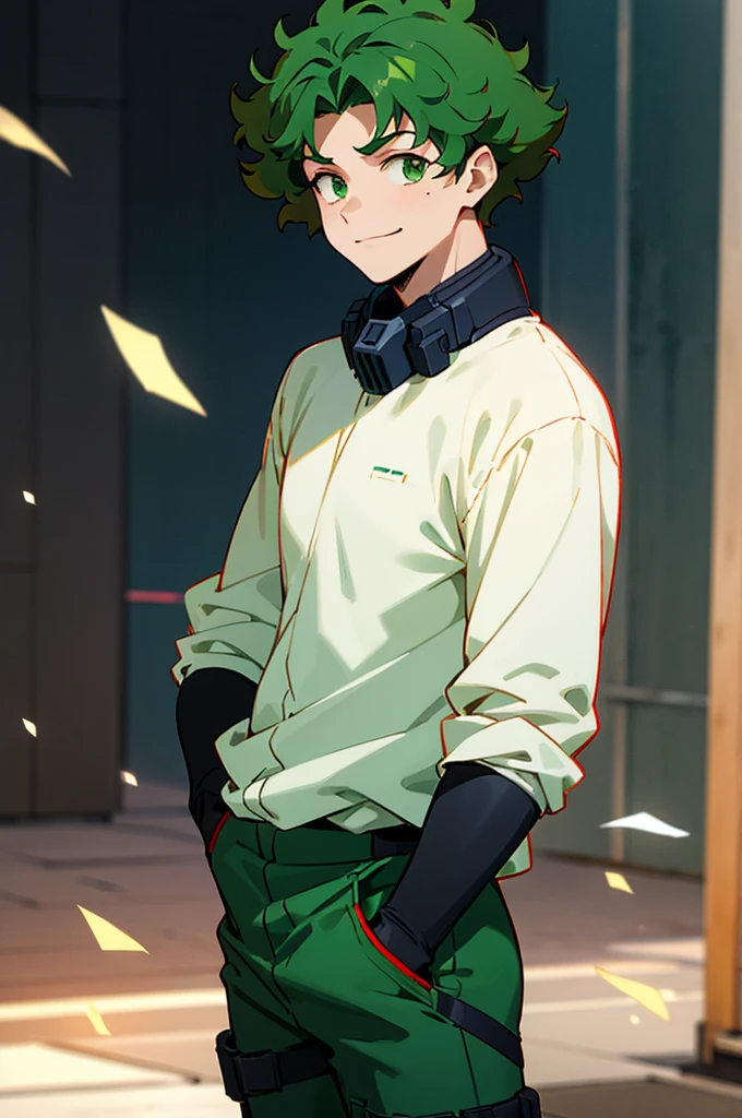 dark green hair, green eyes, smiling, curly hair, mature male, lean build, white shirt, short length hair, on the street, arms in pockets, red and black hero suit
