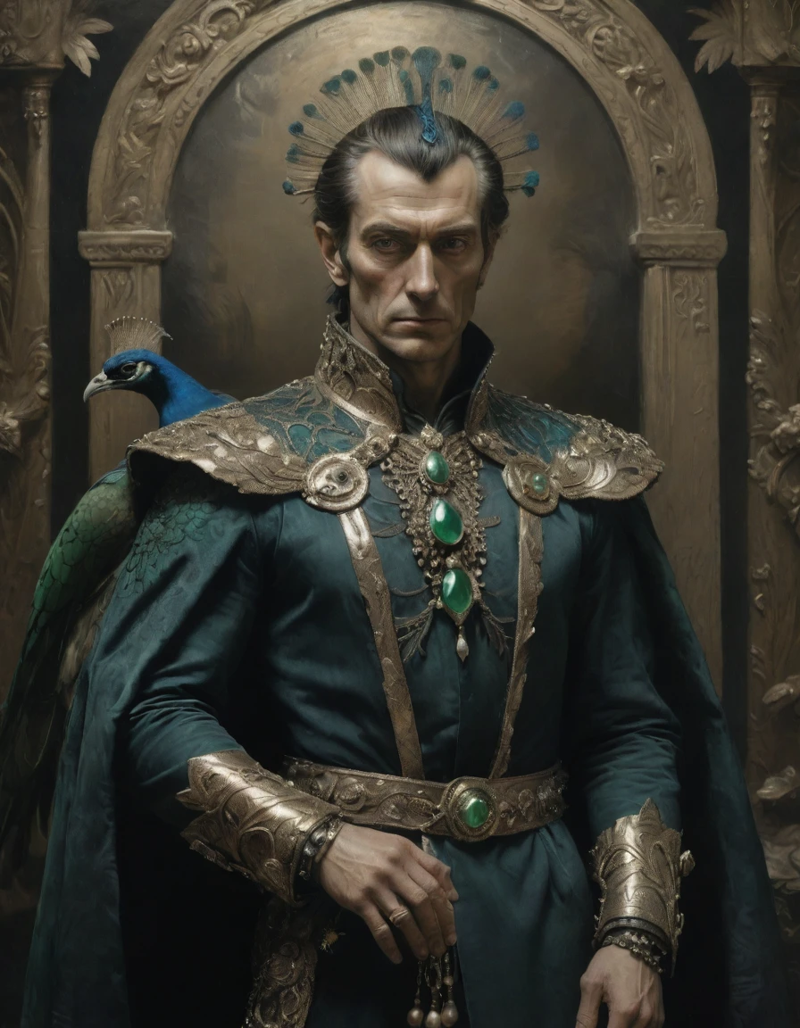 (((Masterpiece, daguerreotype on old paper, monochrome))), by Moebius, by Théodore Géricault, the composition is: ((Male high elf, bronze skin, cruel, sadistic, arrogant, villain. Wearing a hologramic, feathered, prismatic, art déco robe with sequin elements, pendants of jade beads and pearls, peafowl symbology, star symbology. Jungle, art nouveau background))