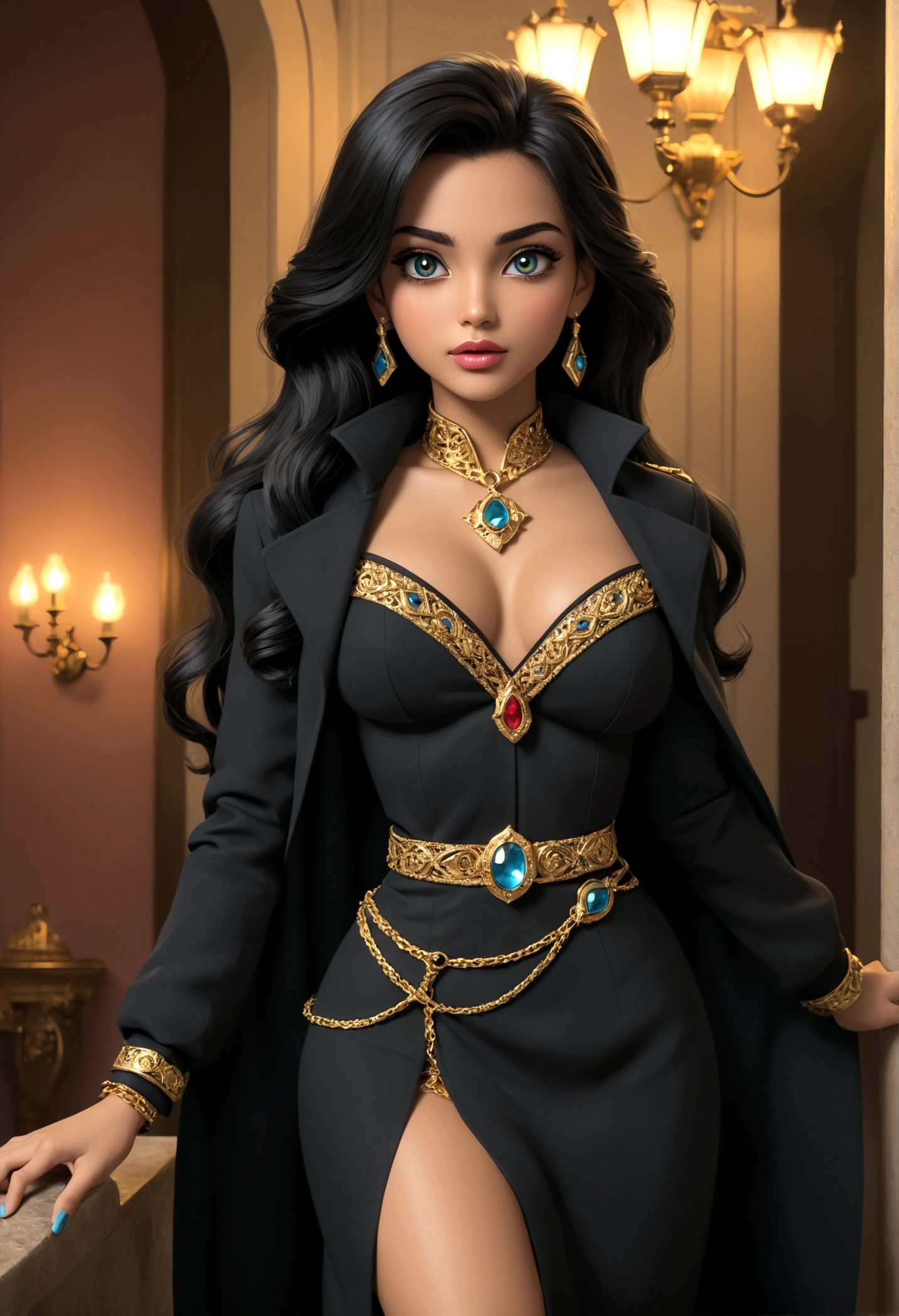 (1girl, disney princess jasmine, black trenchcoat, royal miniskirt, royal haltertop, gold bodychains, sneaking out, princess girls night out, princess ariel's downtown apartment, elegant, beautiful detailed eyes, beautiful detailed lips, extremely detailed eyes and face, long eyelashes, high quality, 8k, photorealistic, professional, vivid colors, studio lighting, physically-based rendering, sharp focus)
